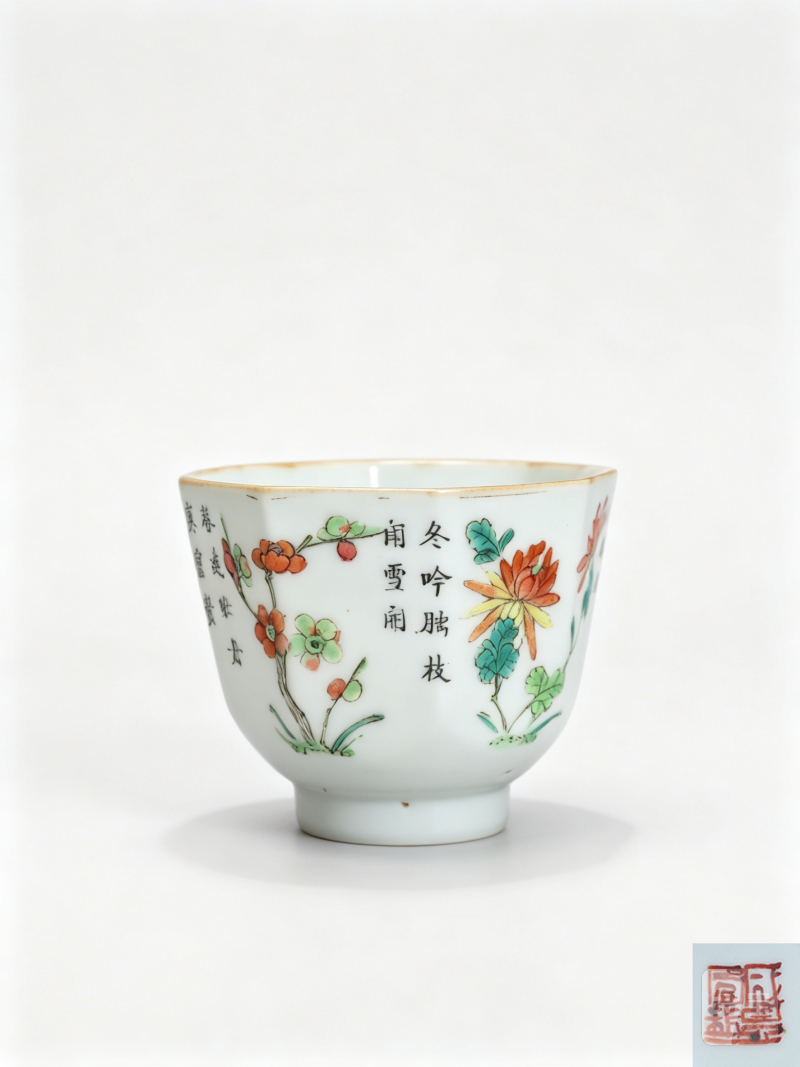 清咸丰 粉彩四季花卉诗文八方杯